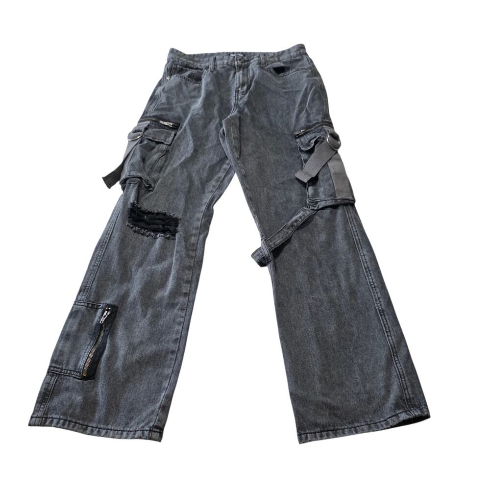 Hot Topic 32x32 Black Gray Distressed Cargo Jeans Y2K Goth Grunge Punk Wide Leg